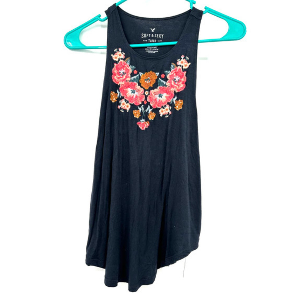 American Eagle size XS soft & sexy line navy tank‎ top with floral embroidery